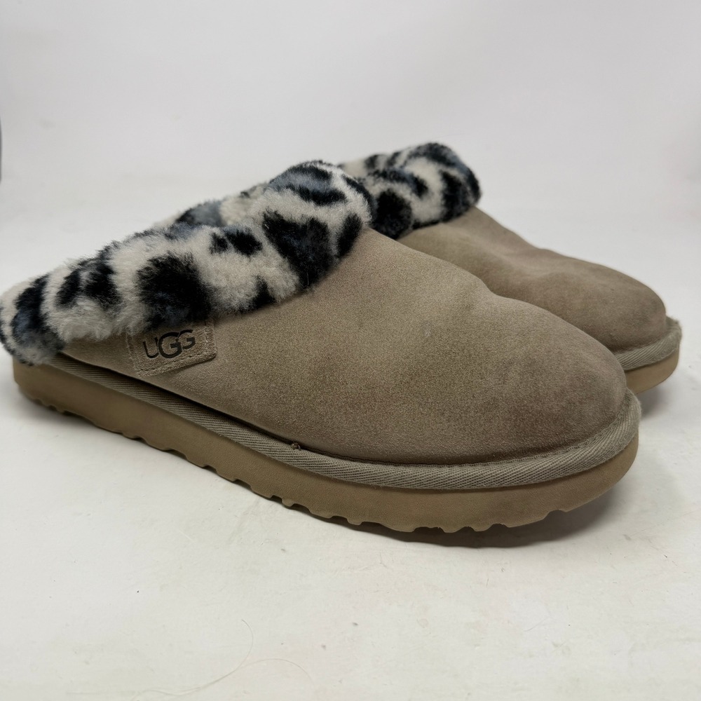 UGG Slippers Women 9 Coquette Tan Leopard Print Suede Sheepskin EUC
